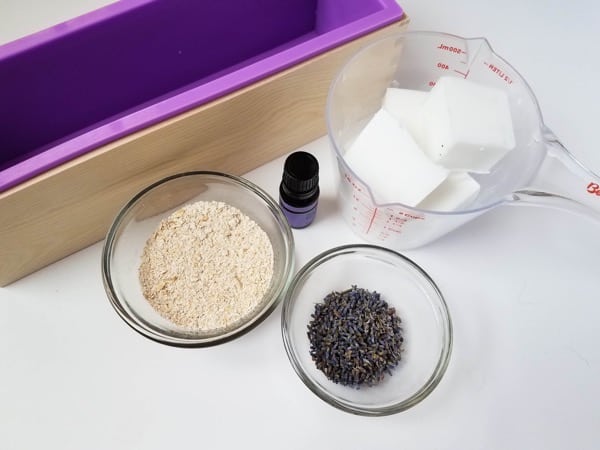 Supplies needed to make melt and pour oatmeal lavender soap