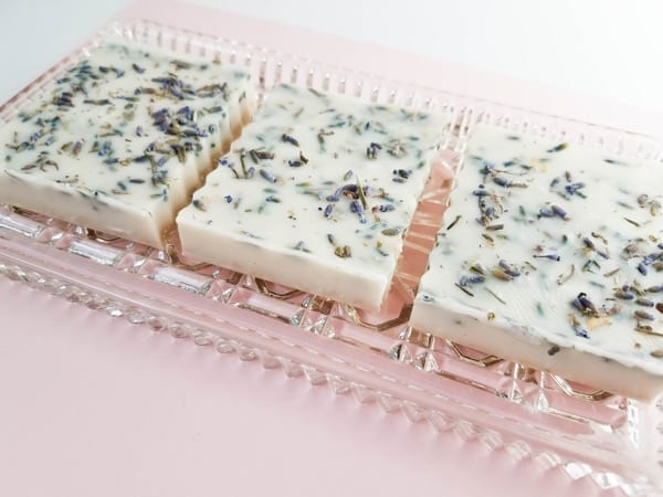 Homemade Lavender soap on a glass dish