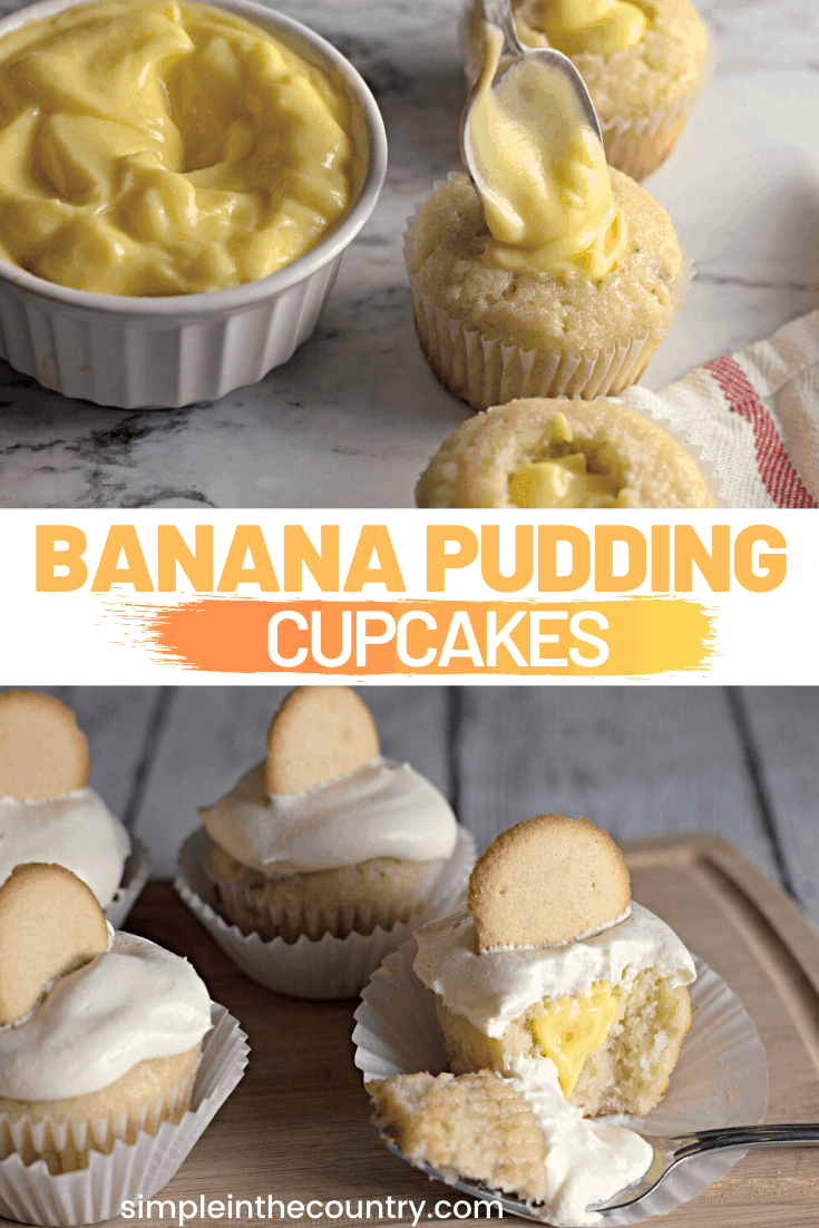 homemade banana cupcakes in a collage image with text across it that says banana pudding cupcakes