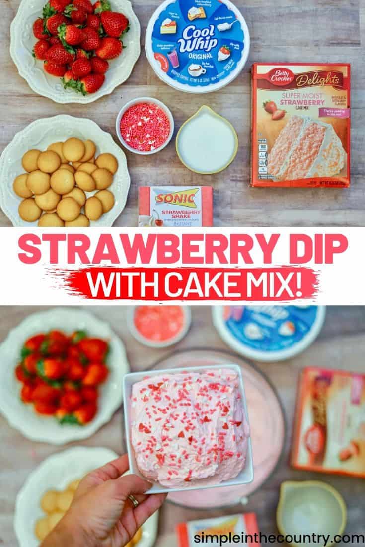 ingredients for strawberry cake mix dip: cool whip, strawberries, milk, cake mix, sprinkles, vanilla wafers