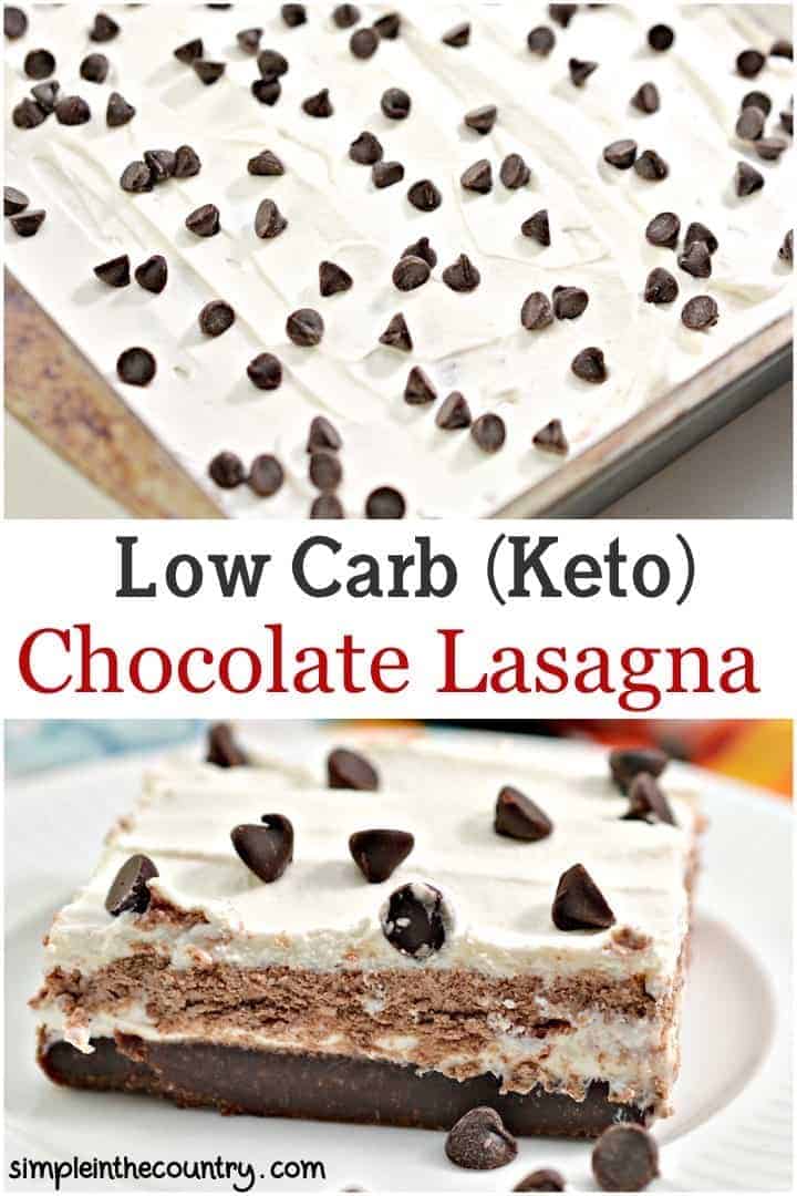 keto low carb chocolate lasagna in a metal pan in an image on top of collage with square of low carb chocolate lasagna on a plate text in the middle of the images says Low Carb Keto Chocolate lasagna
