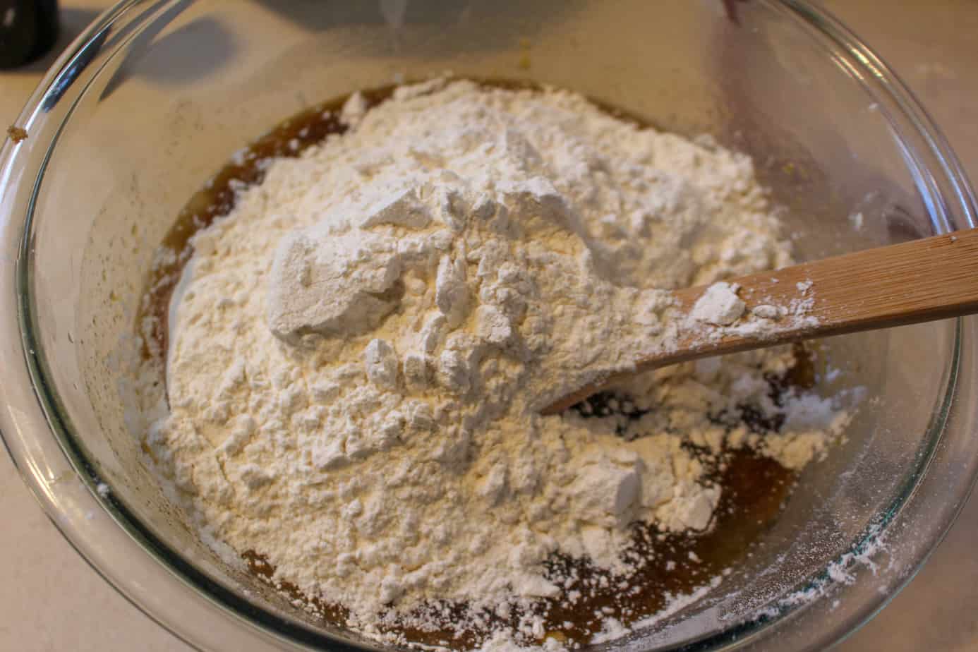 mixing the flour for the blondies